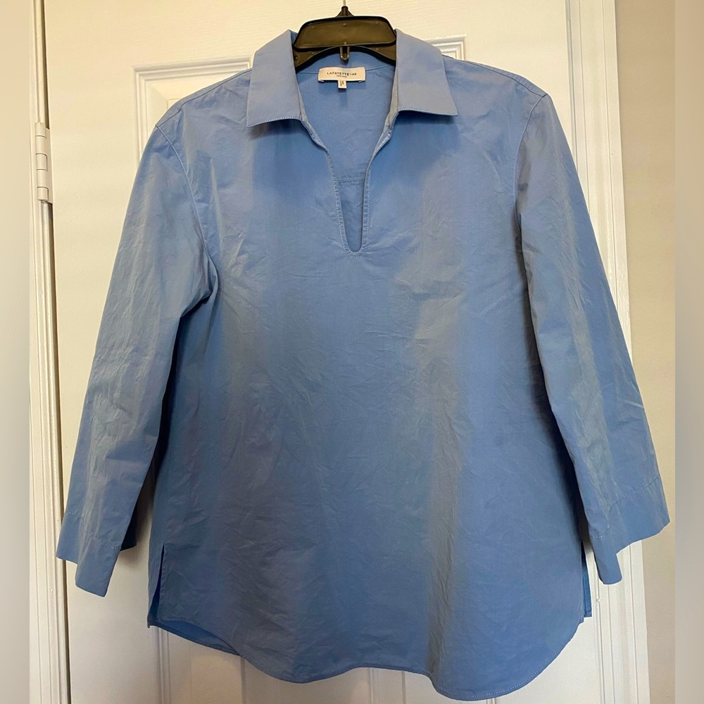Lafayette 148. Quality and stunning pullover blouse. Medium blue. 3/4 sleeve.S/M